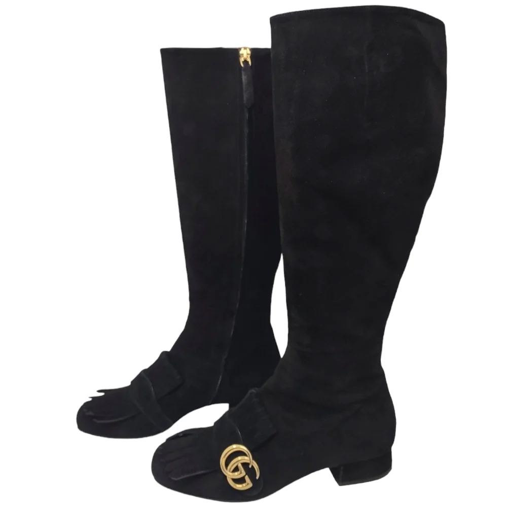Gucci Size Marmont GG Fringe riding black suede tall boots logo size 36.5